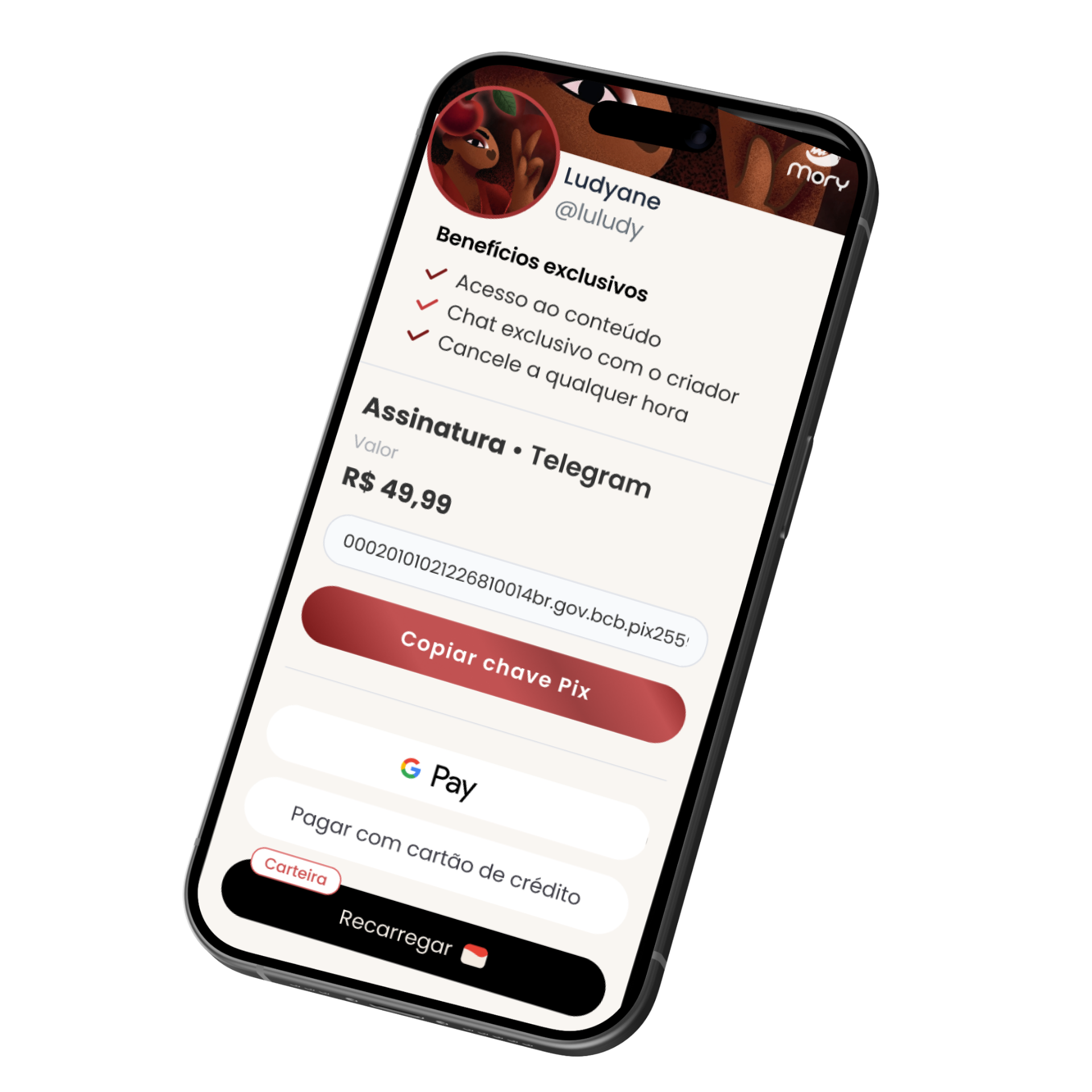 Tela do checkout da Mory em celular com PIX, Google Pay e cartão de crédito